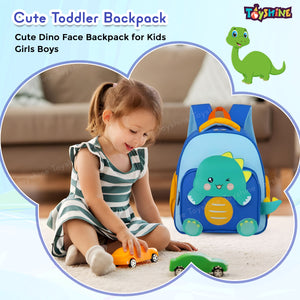 Toyshine 11" Cute Dino Theme Kindergarten Backpack for Kids Girls Boys Toddler Backpack Preschool Nursery Travel Bag Picnic Bag, Mini Size - Blue