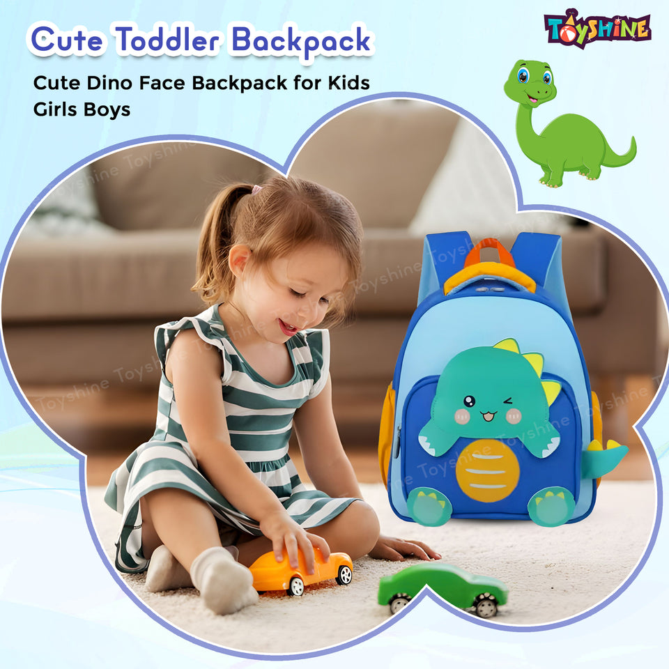 Toyshine 11" Cute Dino Theme Kindergarten Backpack for Kids Girls Boys Toddler Backpack Preschool Nursery Travel Bag Picnic Bag, Mini Size - Blue