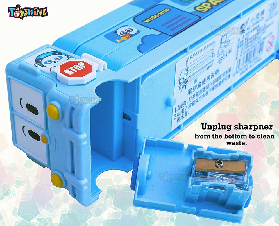 Toyshine Set of 2 Cartoon Printed School Bus Matal Pencil Box with Moving Tyres and Sharpner for Kids - Blue and Pink