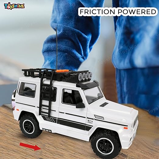 Toyshine 24 * 10cm Friction Powered Jeep with Music and Lights Smooth Push and Go Pretend Play Toy Car inbuilt with Doors Openable Feature Great Gift for Children Boys Girls- White