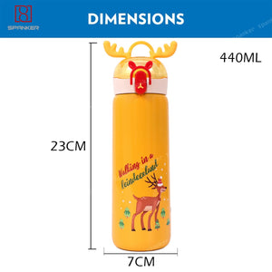 Spanker ReinDeer Shape Edition Insulated SUS 304 Kids Water Bottle Spill Valve Silicone Handle, Pop Button, BPA Free for Kids School, Children's Drinkware - 440 ML - Yellow