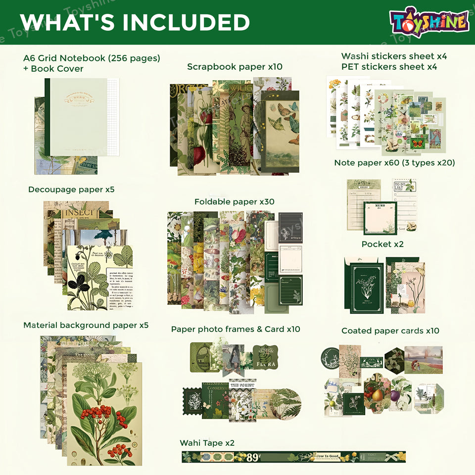 Toyshine Green Field Scrapbooking Vintage Collection - Gift Box Set of 125pcs Aesthetic Journaling Kit, Scrapbook Kit with Stickers, Washi Tapes, Art Craft Gift for Kids Boys Girls Teens - Green