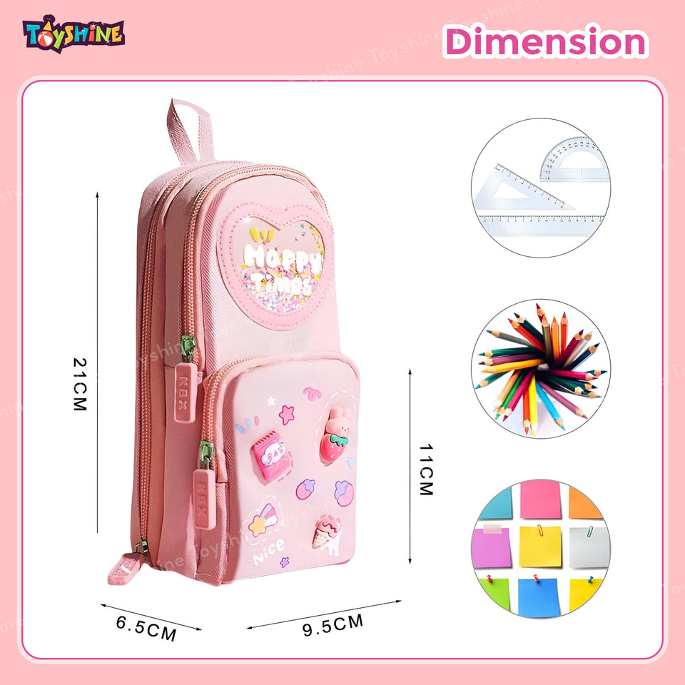 Toyshine 3 Layer Large Capacity Handheld Multifunctional Pencil Pouch for School Kids Students Cute Stationary Gift for Girls Boys - Pink