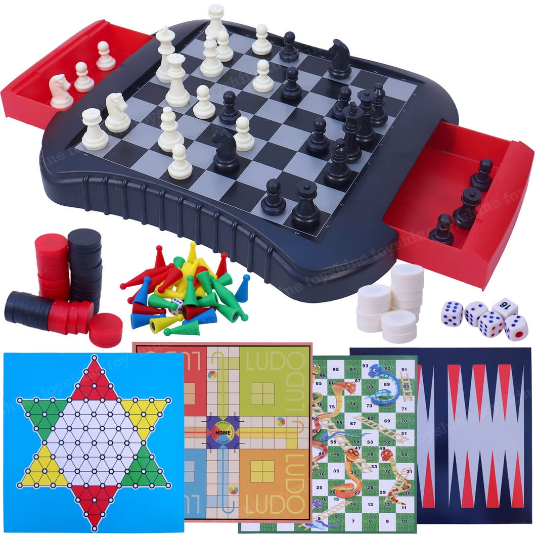 Toyshine 6 in 1 Game Set for Kid and Adults, Magnetic Board with Side Storage Drawers | Chess, Ludo, Checkers, Backagammon, Snakes and Ladders