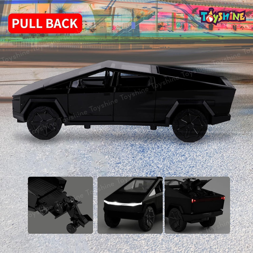 Toyshine1:24 Scale Die Cast Musical Cybartruck Pick-Up Truck with a Motorcycle Along with Pull Back Function Opening Doors and Back Feature for Kids Boy Girl 3+ (Black)