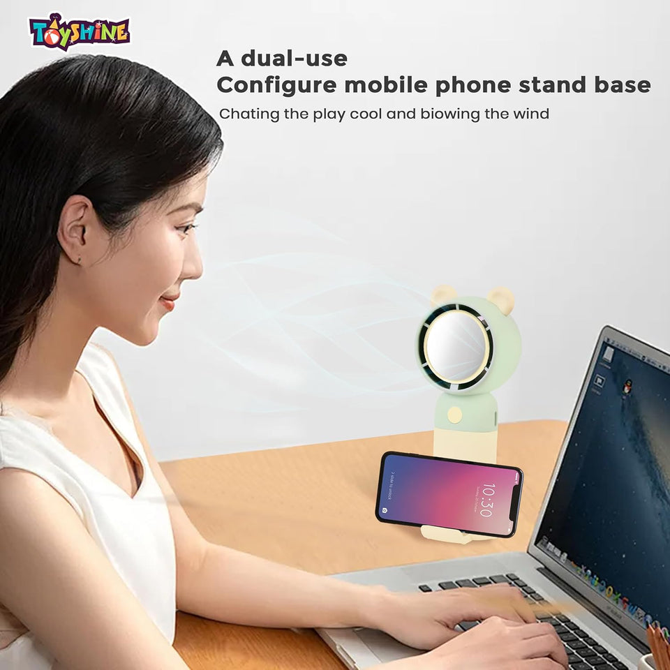 Toyshine Mini Portable Rechargeable Handheld Personal Short Handle Small Desk Fan with 3 speed Airflow | Folding Stand & Inbuilt with Mirror For Kids Girls indoor Outdoor - Yellow