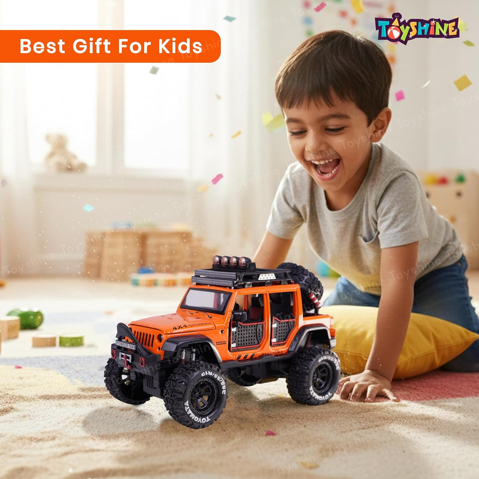 Toyshine 1:24 Scale Die Cast Off-Road Vehicle Toy with Music and Lights | Pull Back Function & Opening Hood Feature Diecast Miniature Model Toy for Car Lovers & Kids 3+, Orange