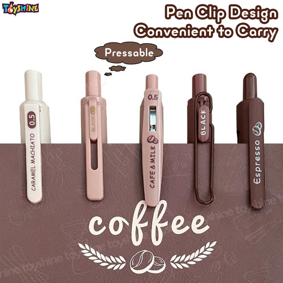 Toyshine Coffee Theme 5 Pc Retractable Quick Dry Ink 0.5mm Fine Gel Point Black Ink Kawaii Smooth Writing Aesthetic pretty pens for Birthday Party Favor Return Gift