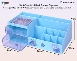 Toyshine Multi-Functional Desk Drawer Organizer Storage Box inbuilt 9 Compartments and 2 Drawers with Kawaii Sticker Sheets - Blue