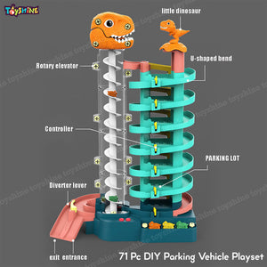 Toyshine 71 Pc DIY Parking Vehicle Playset Adventure Toy with Moving T-Rex Dinosaur for Age 3+Tower Cars Garage