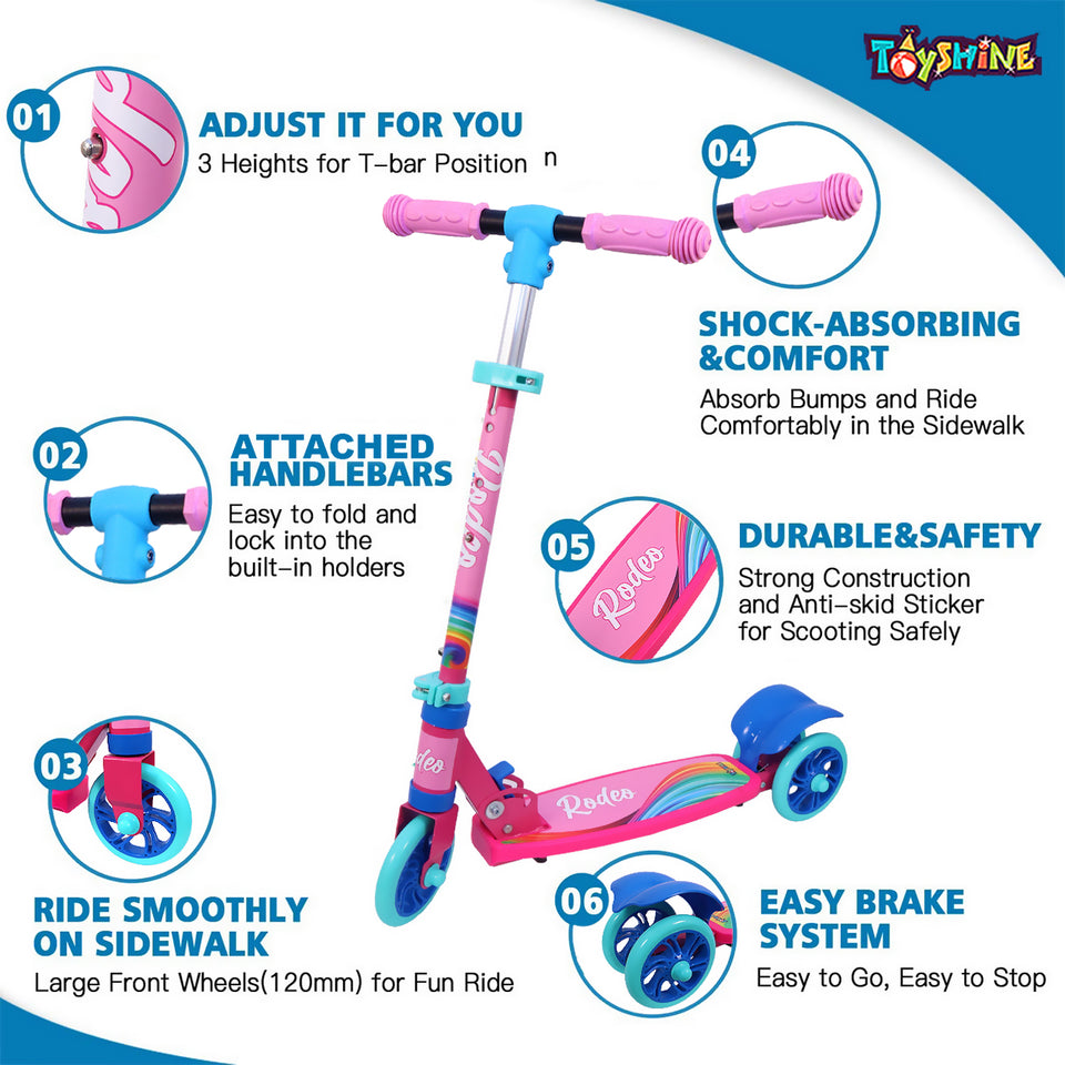 Toyshine Rodeo Runner Scooter for Kids with Anti Slip ABS Base and Aluminium Structure Ride-on, Height Adjustable, 3 Wheel Rider for Boys and Girls Ages 4+, Pink Multi