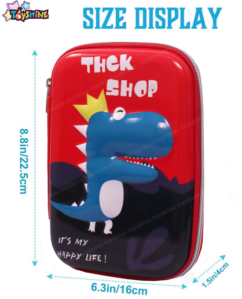 Toyshine Dinosaur Hardtop Pencil Case with Compartments - Kids Large Capacity School Supply Organizer Students Stationery Box - Girls Boys Pen Pouch- Red