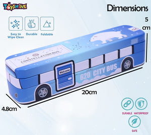 Toyshine 620 City Bus Metal Pencil Box Double Compartment - Kids School Supply Organizer Students Stationery Box for Girls Boys- Blue