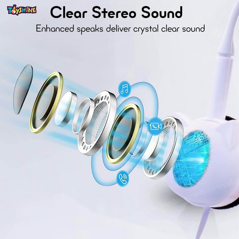 Toyshine Cat Design Headphone, Stereo with Mic Earphone, Stylish Headphones for Girls/Boys 3.5mm Jack On Ear Wired- White