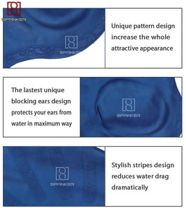 Spanker Unisex Swim Cap with 3D Ear Protection, Durable Flexible Silicone Swimming Hat for Short/Long Hair with Ear Plugs&Nose Clip, Dark Blue SSTP