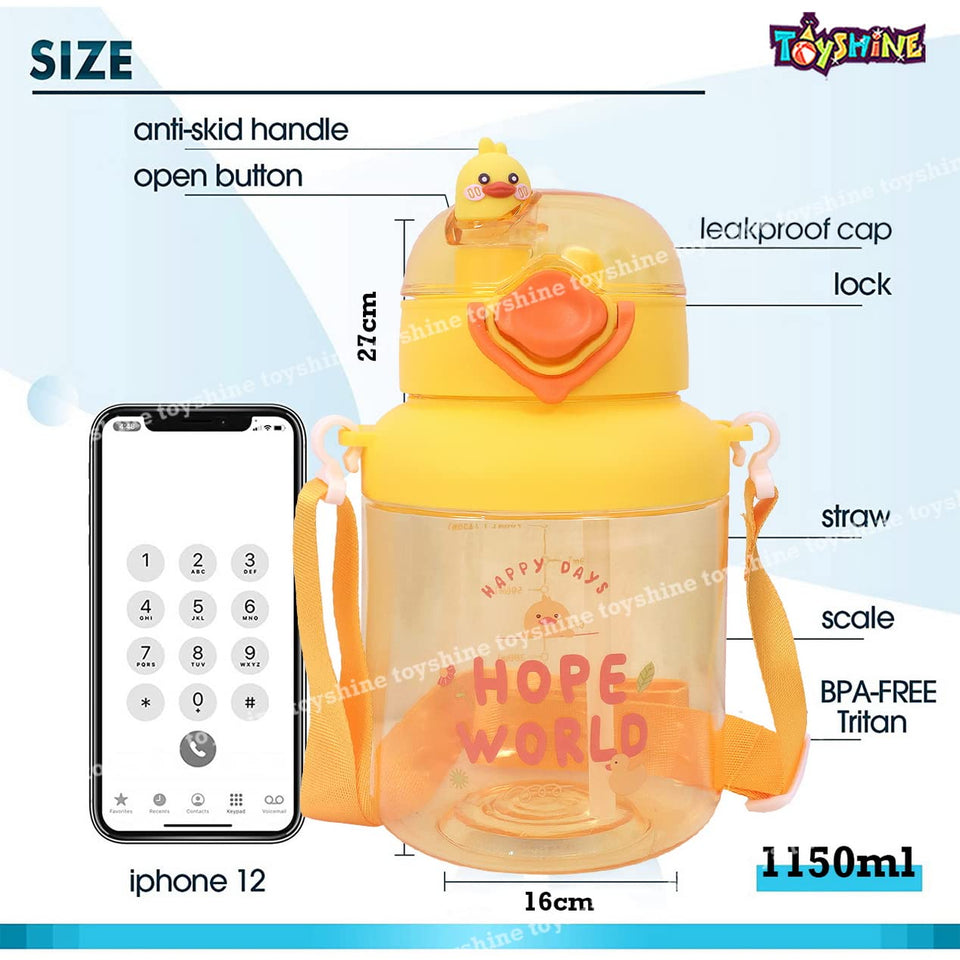 Toyshine Duckling 1150 ML Dual Sip System Kids Water Bottle With Spill Proof Straw, Pop Button, BPA Free - Featuring Soft Handle Grip and Strap Children's Drinkware, Yellow