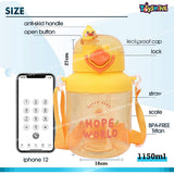 Toyshine Duckling 1150 ML Dual Sip System Kids Water Bottle With Spill Proof Straw, Pop Button, BPA Free - Featuring Soft Handle Grip and Strap Children's Drinkware, Yellow