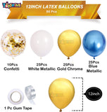 Toyshine 86 Pcs Balloon Party Decoration Combo | 25 White Metallic, 25 Blue Metallic, 25 Gold Chrome, 10 Confetti Balloons, 1 Tapes for Birthday Anniversary Theme Party