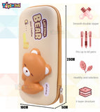 Toyshine Soft Touch Pencil Case with Compartments - Kids Large Capacity School Supply Organizer Students Stationery Box - Girls Pen Pouch- Bear Brown