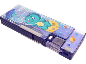 Toyshine Double Compartment Glitter Star Flowing Pencil Box, Button Enabled Storages and Sharpner for Kids - Dino Space Edition