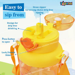 Toyshine Duckling 1150 ML Dual Sip System Kids Water Bottle With Spill Proof Straw, Pop Button, BPA Free - Featuring Soft Handle Grip and Strap Children's Drinkware, Yellow