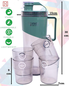 Spanker 1.6 L Large Water Pitcher with Lid + 4 Glasses | Water Carafe | Iced Tea, Water, Tea, Juice, Lemonade | Space Saving Shape, Leakproof, Premium BPA-Free Plastic Pitcher