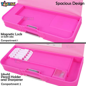 Toyshine Double Compartment Glitters Star Shine Pencil Box for Kids with Sharpener - Unicorn Pink