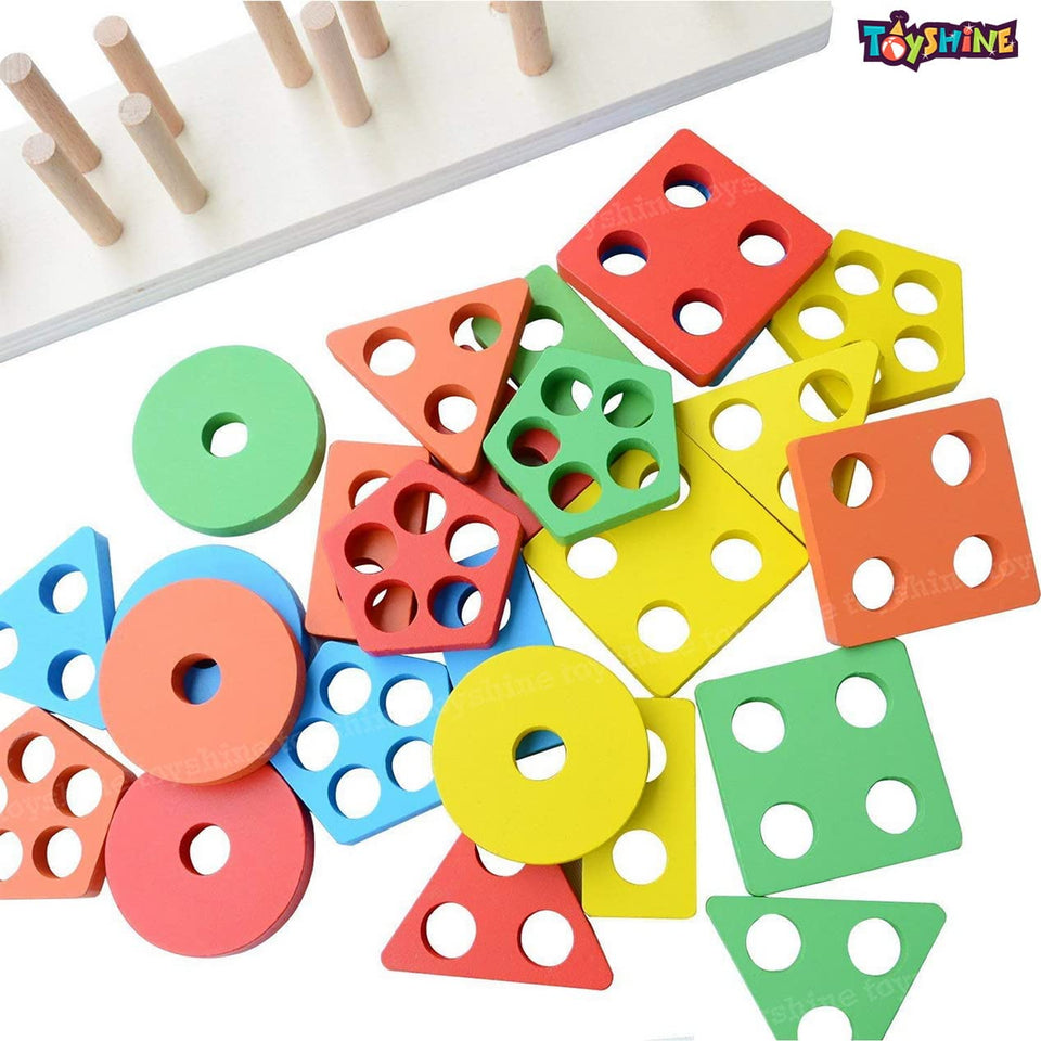 Toyshine Pack of 2 Wooden Combo - Column Blocks and Colorful 120 pcs Domino | Play Montessori Toys for Kids for Girls Boys