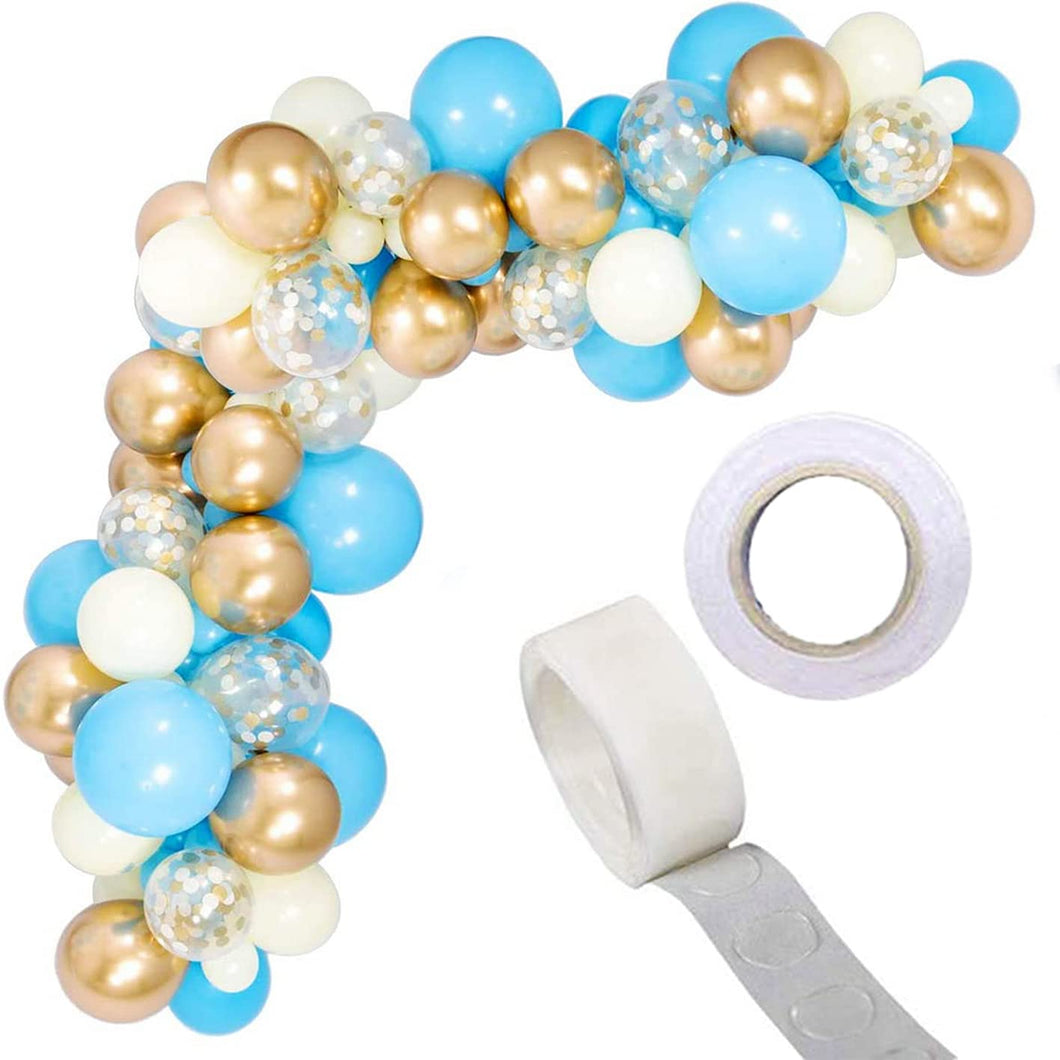 Toyshine 86 Pcs Balloon Party Decoration Combo | 25 White Metallic, 25 Blue Metallic, 25 Gold Chrome, 10 Confetti Balloons, 1 Tapes for Birthday Anniversary Theme Party