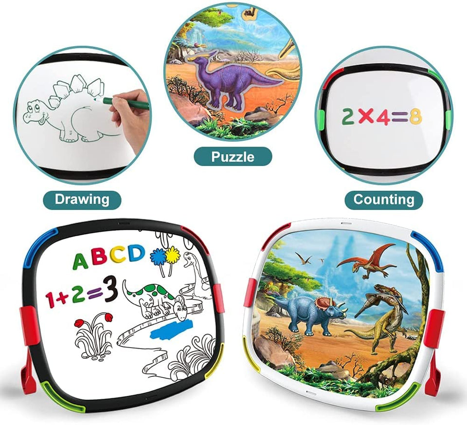 Toyshine Kids Tabletop Easel with Dinosaur Puzzles,Magnetic Letters and Numbers,Double-Sided Whiteboard & Magnetic Puzzle Art Easel for Kids Toddlers