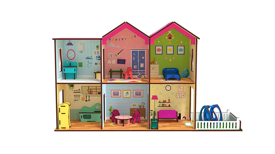 Toyshine Big Size Wooden DIY Doll House for Kids with Furniture, Dolls, Side Garden and Much More! Play House Learning Toy for Girls Boys 3 4 5 6 7 Year Old Birthday Gift Dollhouse