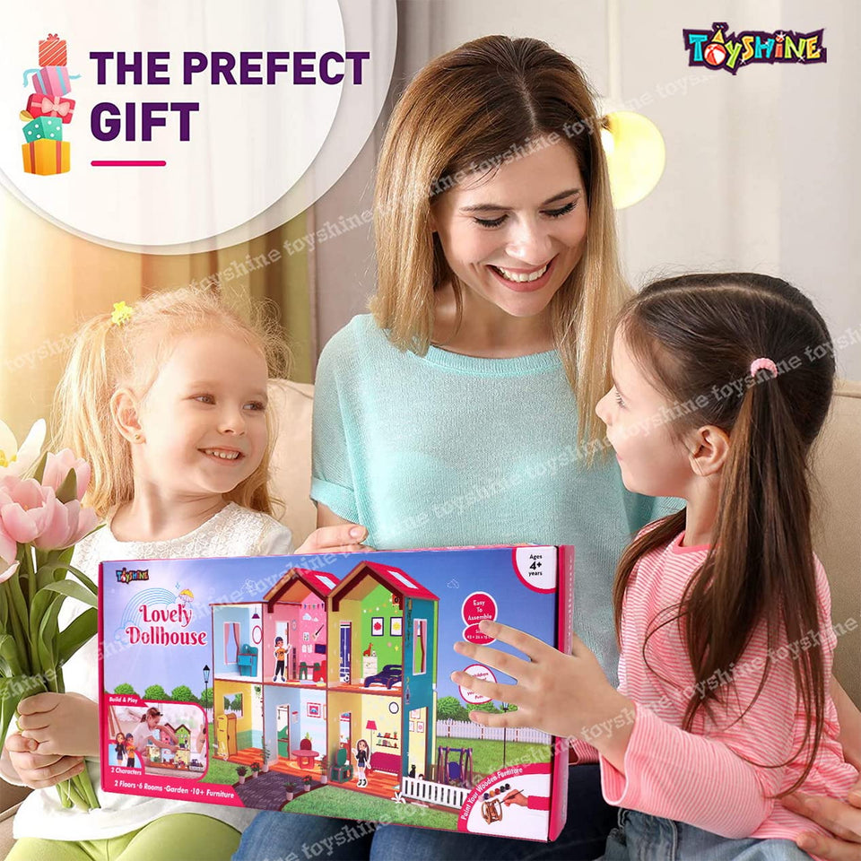 Toyshine Big Size Wooden DIY Doll House for Kids with Furniture, Dolls, Side Garden and Much More! Play House Learning Toy for Girls Boys 3 4 5 6 7 Year Old Birthday Gift Dollhouse