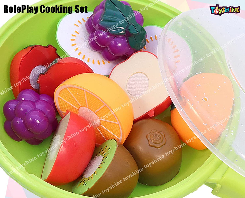 Toyshine Realistic Sliceable 6 Pcs Fruits Cutting Play Toy Set with Pan, Can Be Cut in 2 Parts