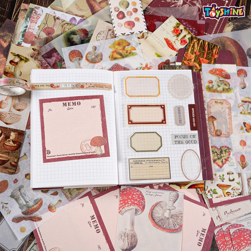 Toyshine Scrapbooking Vintage Collection Mushroom Chronology Gift Box Set of 125pcs Aesthetic Journaling Kit, Scrapbook Kit with Stickers, Washi Tapes, Art Craft Gift for Kids Boys Girls Teens - Red