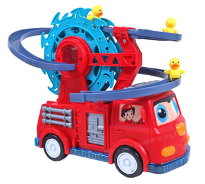 Toyshine 2 in 1 Fire Engine Slide Toy Set, Automatic Slide Down Duck Toy Race Track Toy Rotating Ferris Wheel Toy Duck Slide Toy Fire Truck Toy with Universal Wheel, Movable Eyes, Music & Lights
