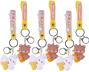 Toyshine 3 Set Teddy and Rabbit Cartoon Figure Kawaii Keychains with Holder Accessories, Backpack Car Key Chain for Boy Girl- Model F