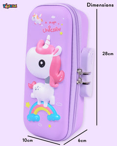 Toyshine 3D EVA Unicorn Pencil Pouch with Password Lock Large Capacity Student Stationery Box for Age 3+ (Purple)