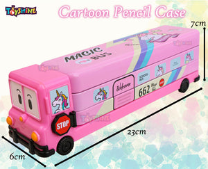 Toyshine Magic Unicorn Travel Bus Metal Pencil Box Double Compartment - Kids School Supply Organizer Students Stationery Box for Girls Boys- Pink