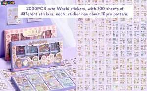 Toyshine 2000 Pcs Waterproof Vinyl Transparent Stickers, Kawaii Washi Fun Stickers for Water Bottle Laptop Scrapbook Journaling, 200 Sheets Stickers Boxed Gift Gifts for Kids Teens Girls Boys - A1