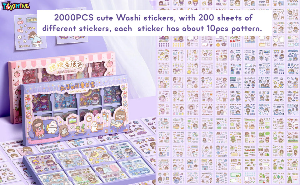 Toyshine 2000 Pcs Waterproof Vinyl Transparent Stickers, Kawaii Washi Fun Stickers for Water Bottle Laptop Scrapbook Journaling, 200 Sheets Stickers Boxed Gift Gifts for Kids Teens Girls Boys - A1