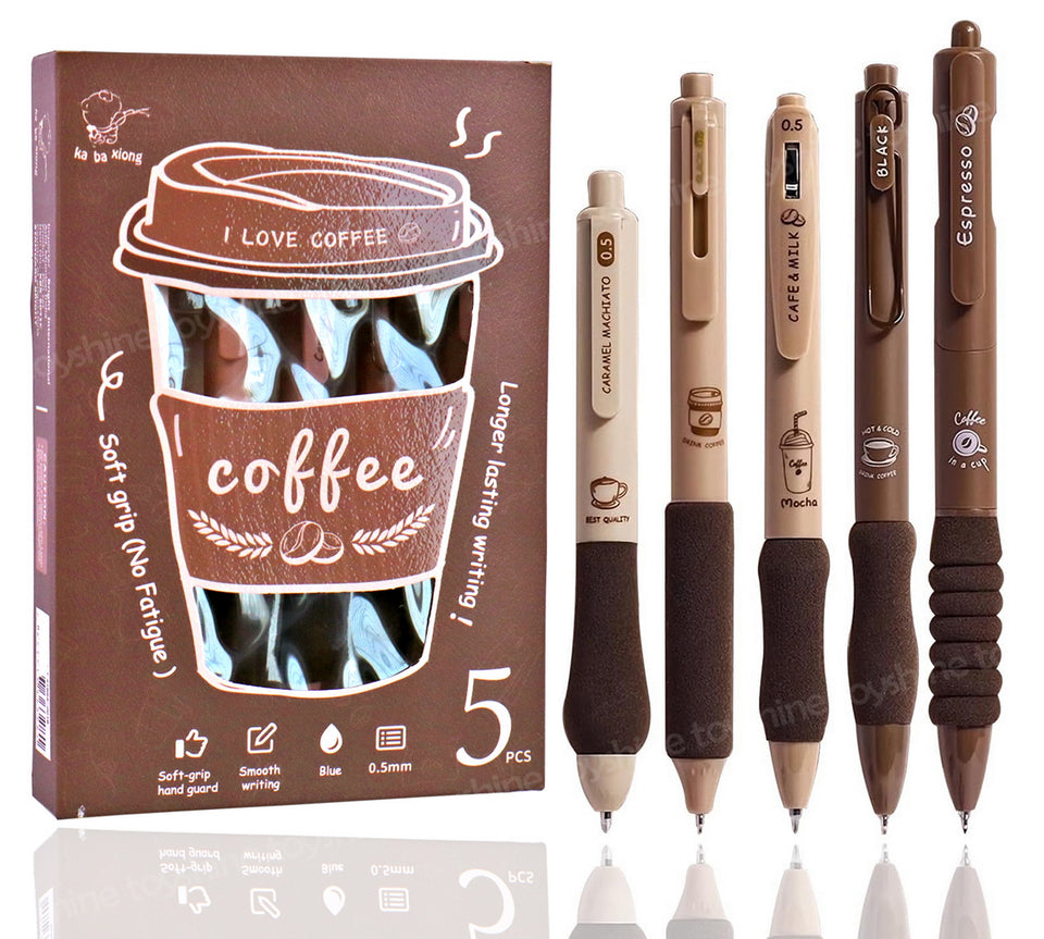 Toyshine Coffee Theme 5 Pc Retractable Quick Dry Ink 0.5mm Fine Gel Point Black Ink Kawaii Smooth Writing Aesthetic pretty pens for Birthday Party Favor Return Gift