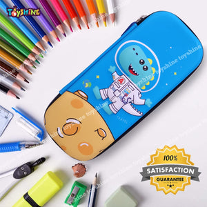 Toyshine Space Dinosaur Hardtop Pencil Case with Multiple Compartments - Kids School Supply Organizer Students Stationery Box - Girls Pen Pouch- Light Blue