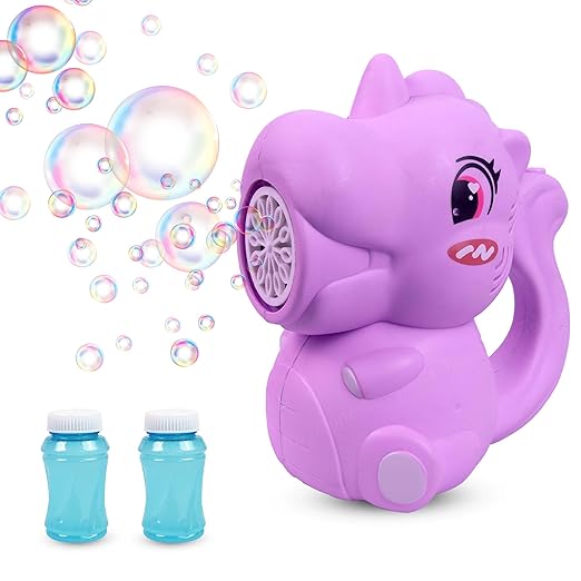 Toyshine Battery Operated Dinosaur Gatling Bubble Machine Toy with 2 Scoup Bottle for Children Party Favors Outdoor & Indoor Activity for Boys Girls 3 Years and Above (Purple)