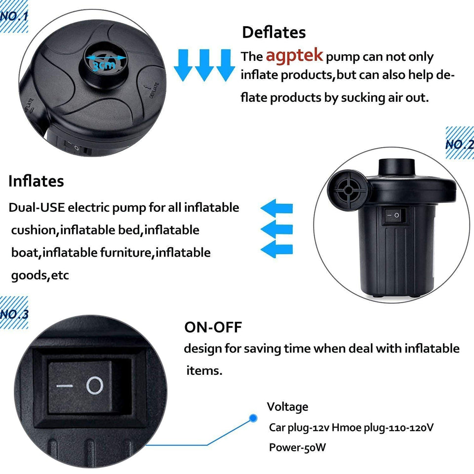 Toyshine Electric Air Pump Portable Quick-Fill Air Pump with 3 Nozzles, 110V AC/12V DC Inflator Deflator Pump