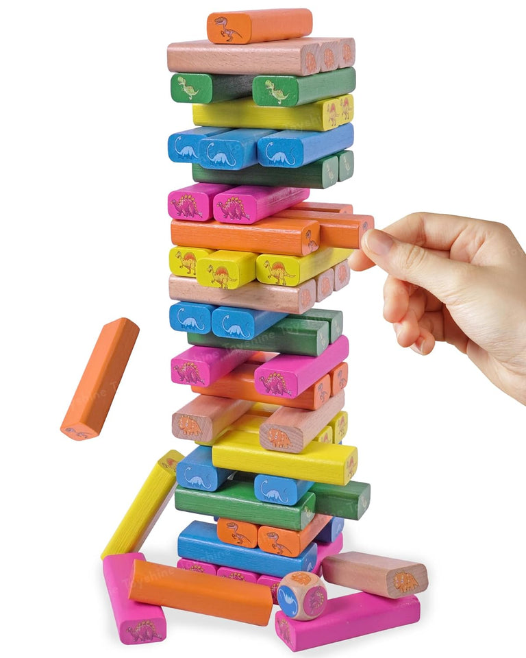 Toyshine 54pcs Dino Theme Building Blocks Balancing Tower Montessori Learning Sorting Toys for Toddlers and Family- Multi