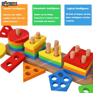 Toyshine Pack of 2 Wooden Combo - Column Blocks and Colorful 120 pcs Domino | Play Montessori Toys for Kids for Girls Boys