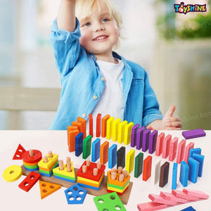 Toyshine Pack of 2 Wooden Combo - Column Blocks and Colorful 120 pcs Domino | Play Montessori Toys for Kids for Girls Boys