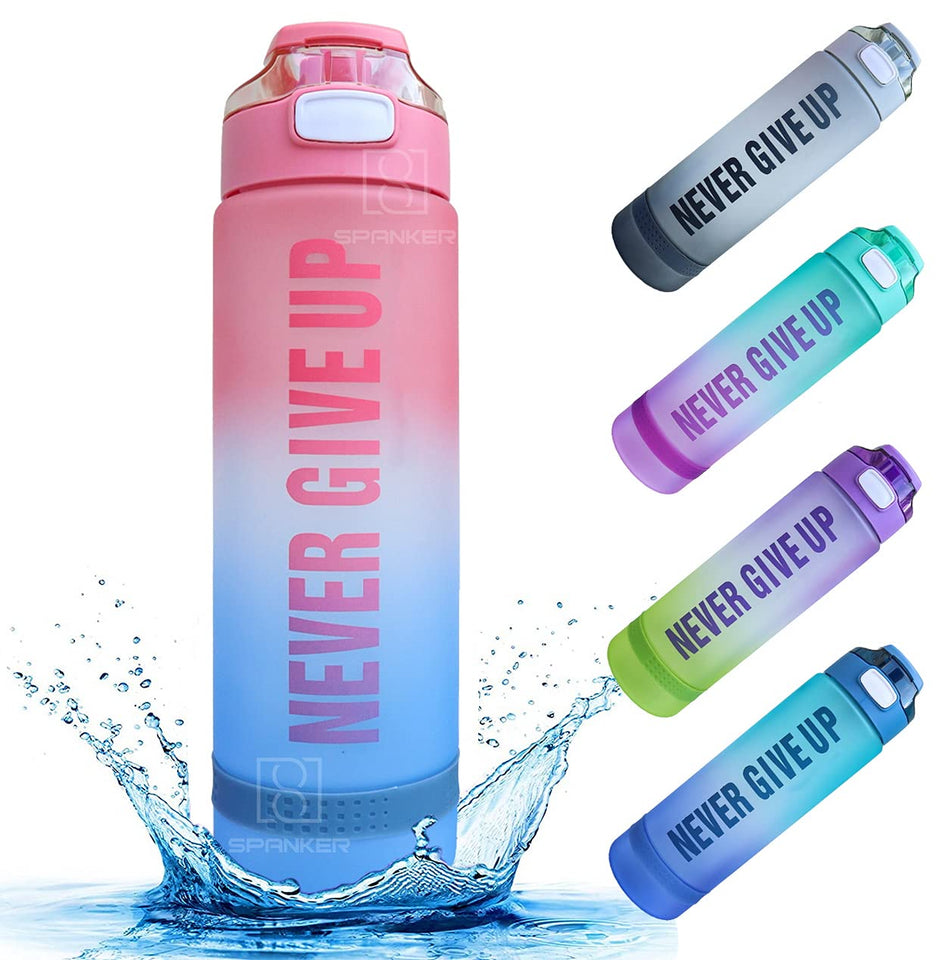 Spanker Never Give Up Motivational Leakproof Water 30 Oz (900 ML), Time Marker, BPA Free Fitness Sports Water Bottle, (RED BLUE) SSTP