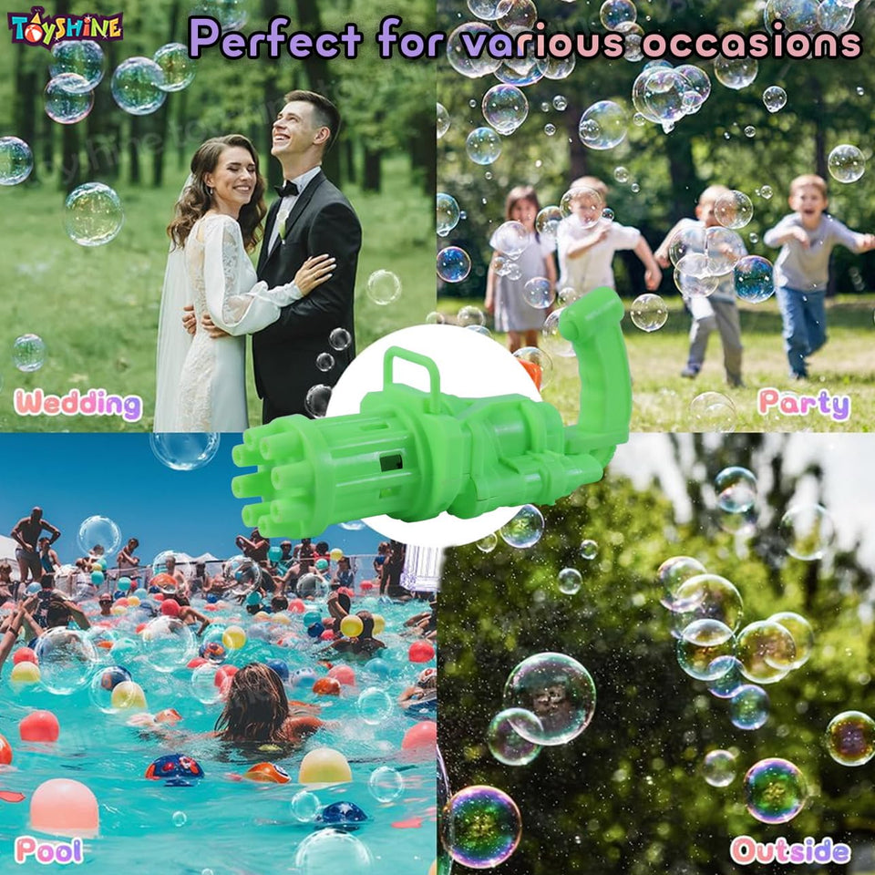 Toyshine 8 Hole Electric Bubbles Gun Gatling Bubble Machine Toy with Scoup Bottle for Children Party Favors Outdoor & Indoor Activity for Boys Girls 3 Years and Above (Green)