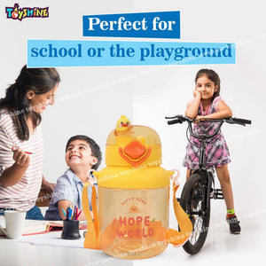 Toyshine Duckling 1150 ML Dual Sip System Kids Water Bottle With Spill Proof Straw, Pop Button, BPA Free - Featuring Soft Handle Grip and Strap Children's Drinkware, Yellow